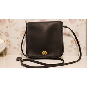Vintage COACH Compact Flap Pouch Black Crossbody Bag with Brass Hardware #9620